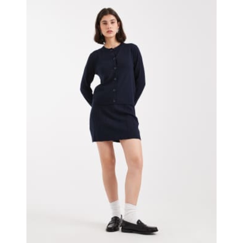 Object fine gauge knit cardigan and mini skirt set in navy