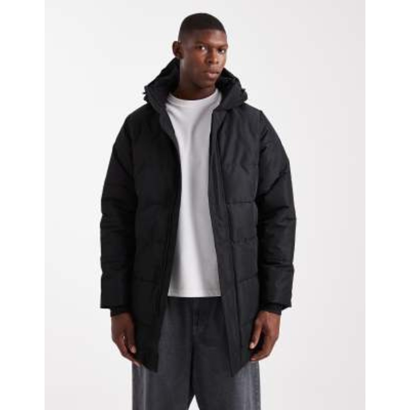 ONLY & SONS waterproof longline puffer jacket with hood in black