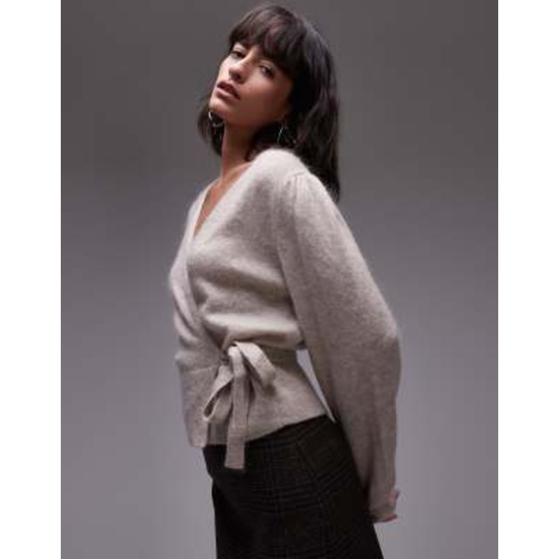 & Other Stories mohair & wool blend hairy yarn wrap cardigan with puff sleeves in mole