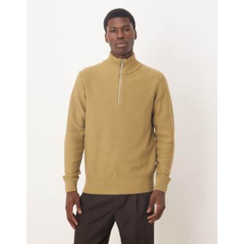 Selected 100% cotton half zip knit sweater in beige