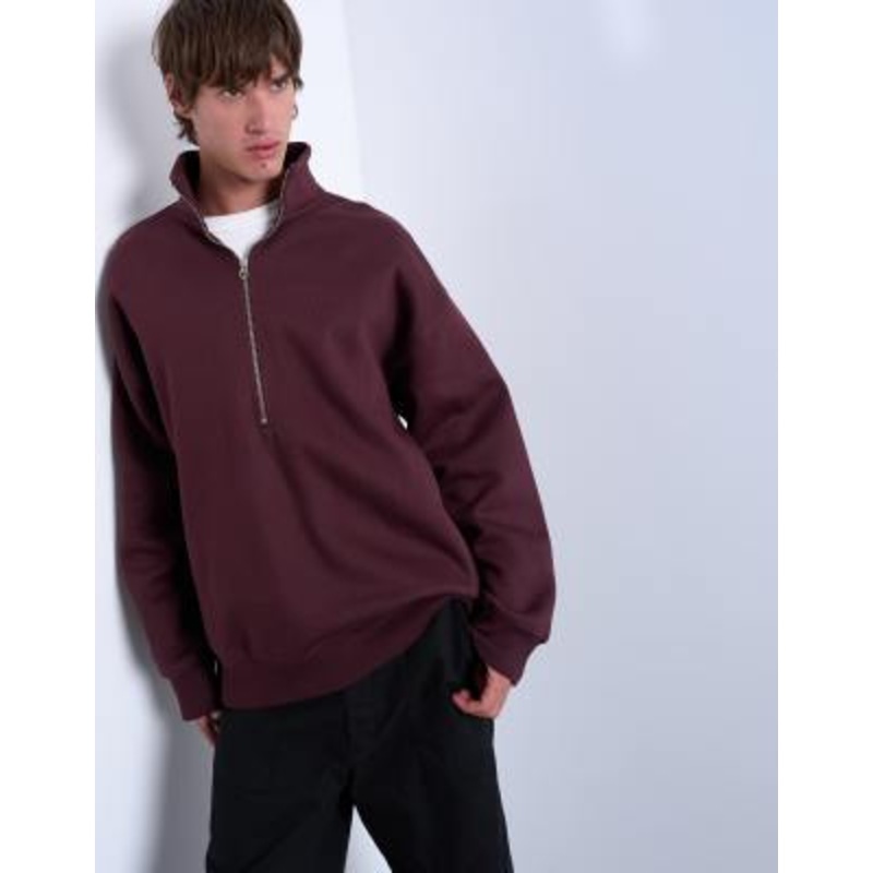 Topman premium oversized fit quarter zip funnel neck in burgundy