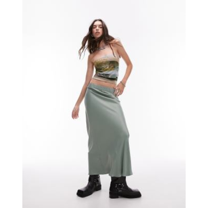 Topshop satin bias maxi skirt with elastic waistband in sea green
