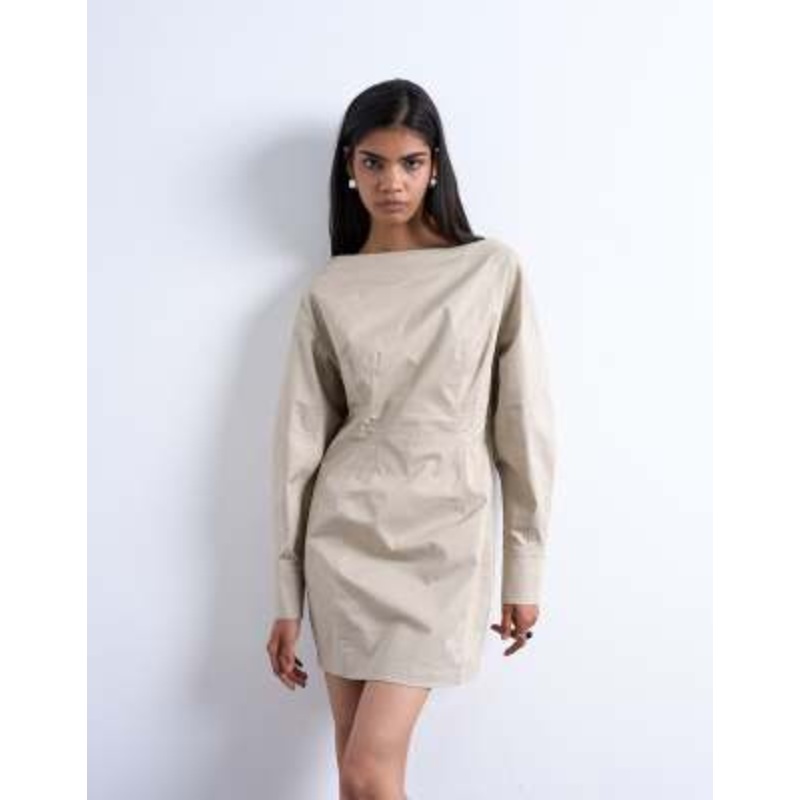 Topshop waisted ovoid sleeve slash neck mini dress in taupe