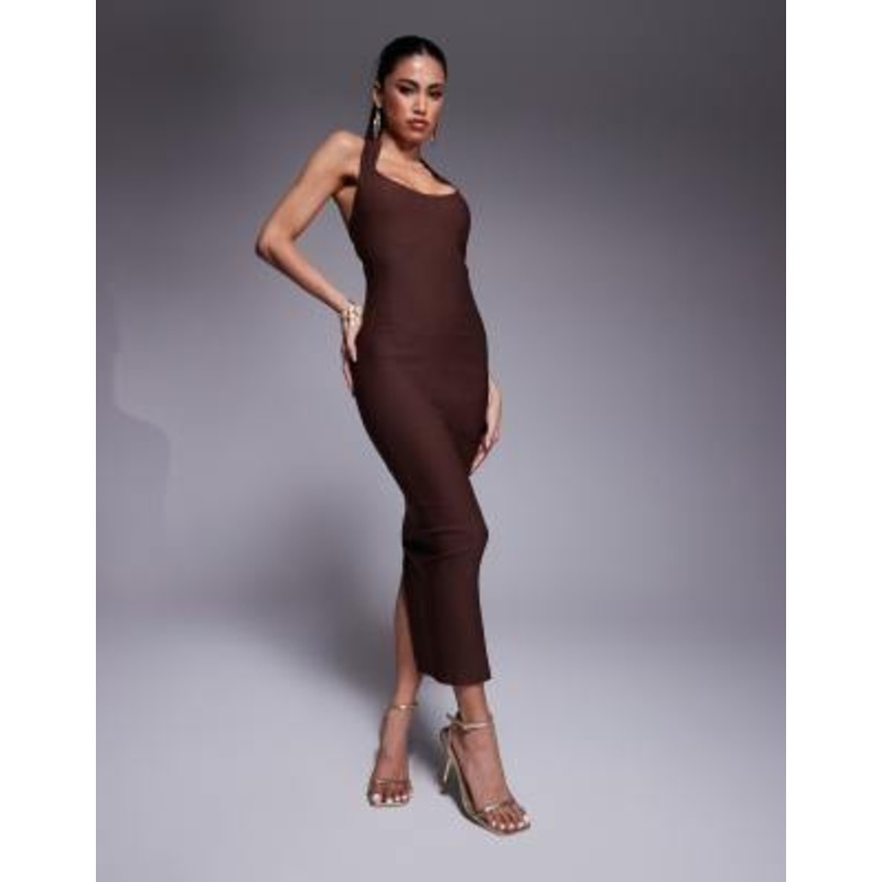 Vesper bengaline scoop neck halterneck bodycon midaxi dress in chocolate