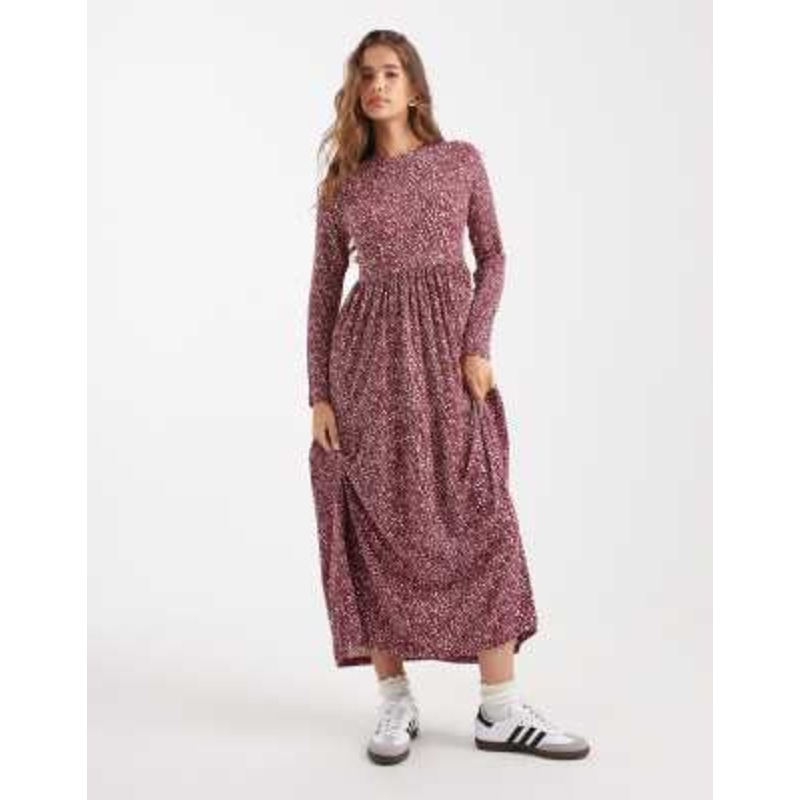 Wednesday’s Girl long sleeve smudge polka dots midaxi dress in burgundy