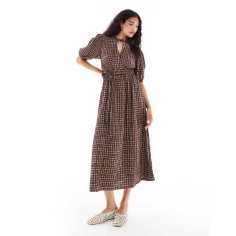 Wednesday’s Girl plaid print tie-waist midaxi dress in brown