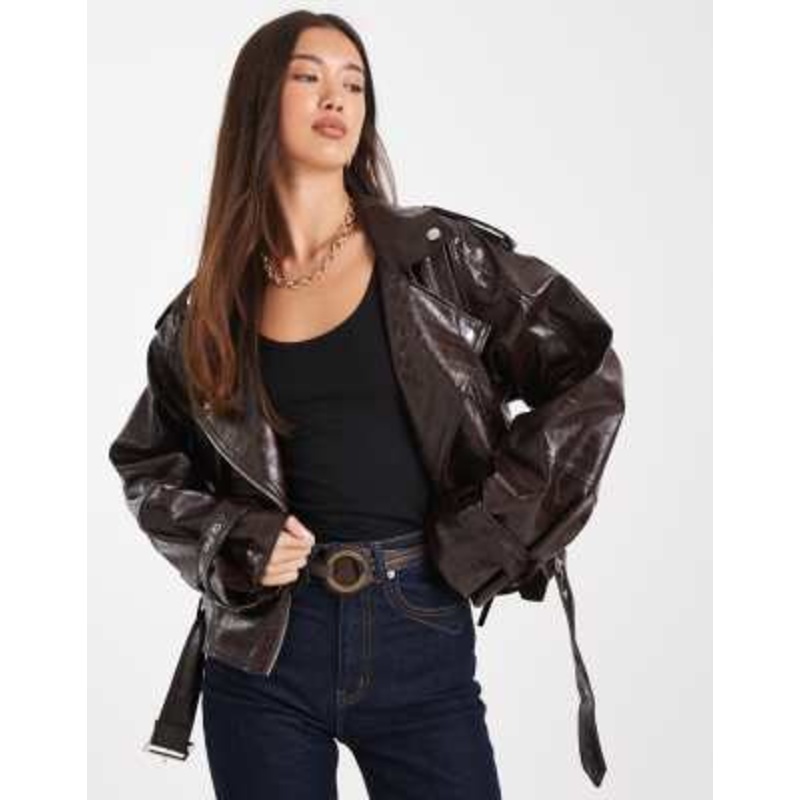 WeWoreWhat cropped croc moto jacket in dark brown