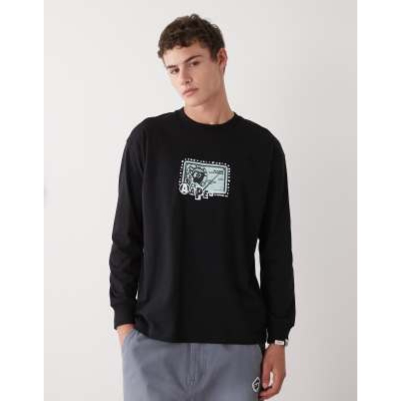 Aape by A Bathing Ape boxy long sleeve t-shirt in black with chest and large back prints