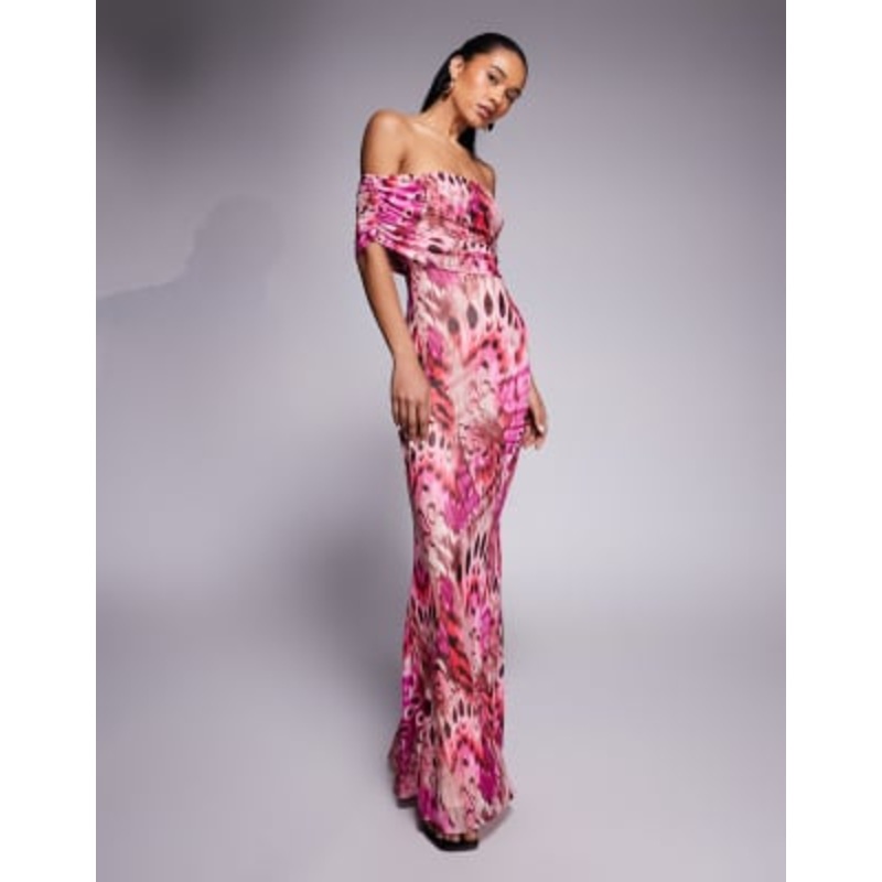 AFRM bardot mesh maxi dress in berry fly print