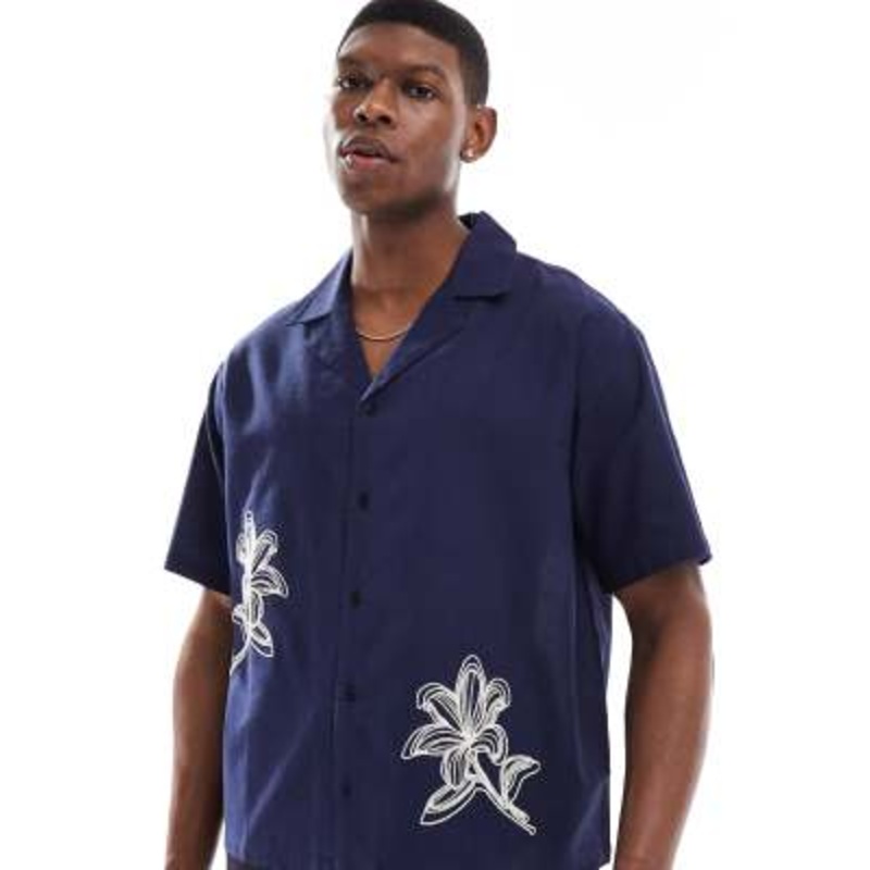 Aray embroidered resort beach shirt in navy