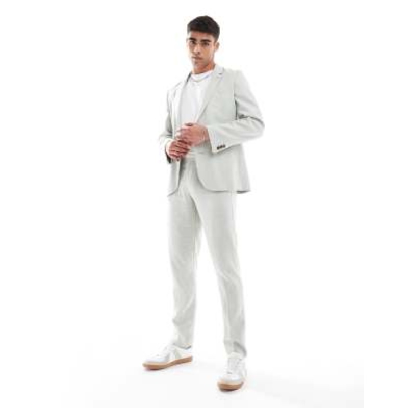 DESIGN slim suit with linen in light green herringbone