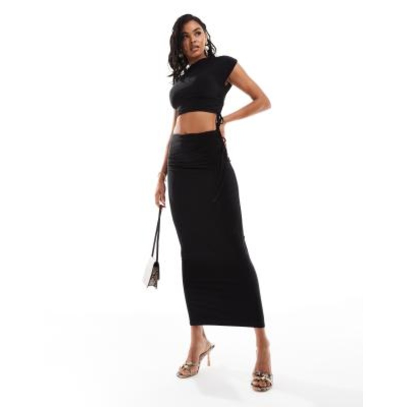 Kaiia exclusive double layered slinky ruched drawstring maxi skirt in black – part of a set