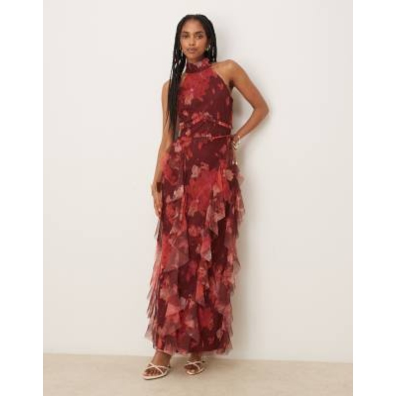 Lace & Beads halterneck ruffled midaxi dress in deep red floral