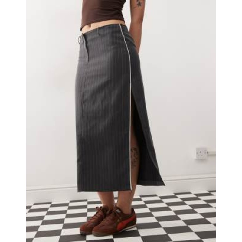 Monki maxi skirt with side split in gray pinstripe