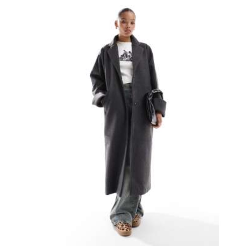 Noisy May wool look maxi overcoat in dark gray melange
