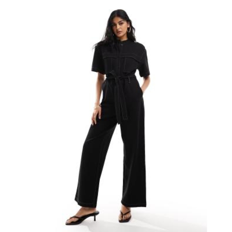& Other Stories wide leg stretch jumpsuit with tie waist and utility pockets in black