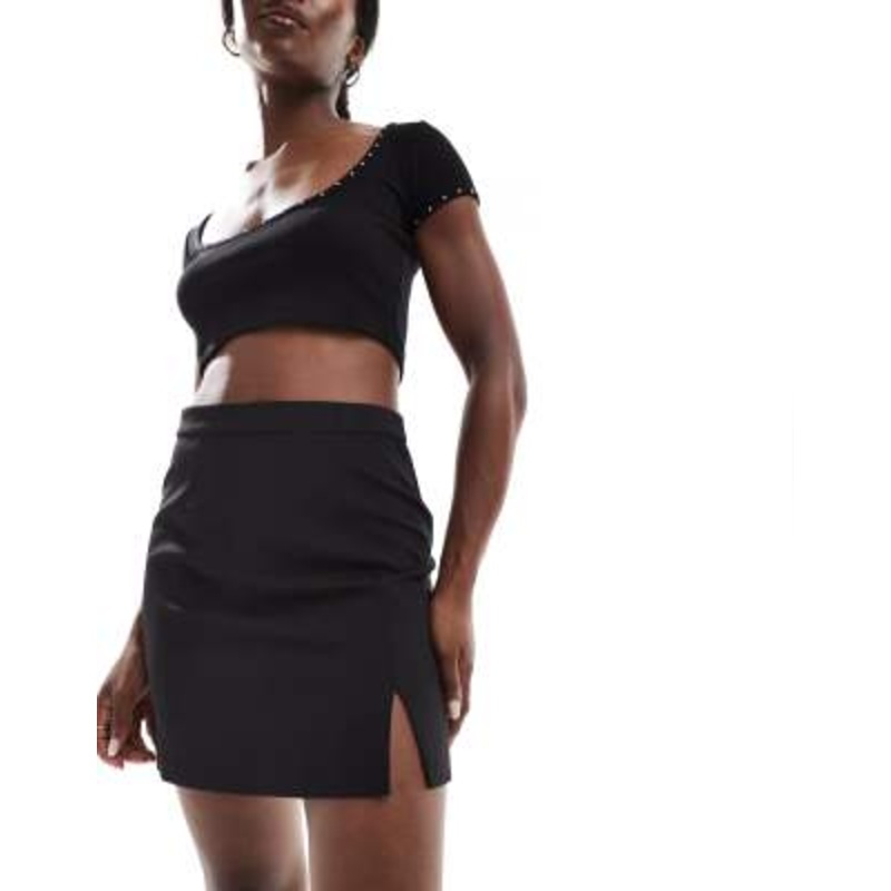 Pieces tailored notch front mini skirt in black