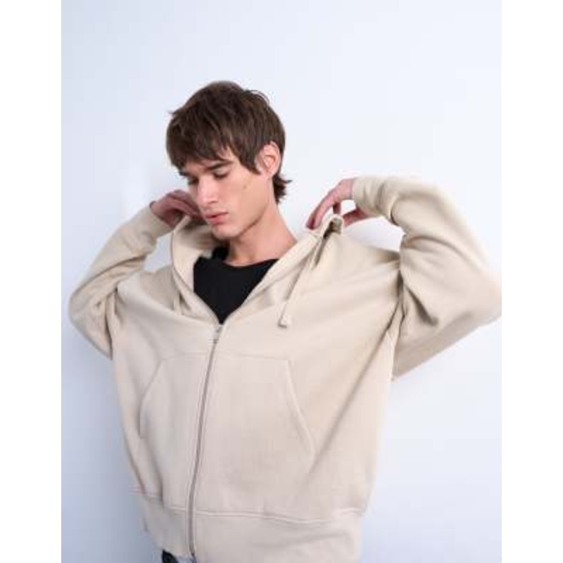 Topman heavyweight oversized fit zip up hoodie in light stone
