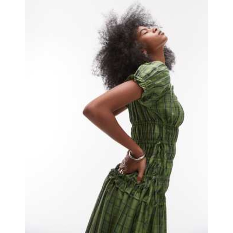 Topshop cap sleeve shirred dress with tie sides in green plaid