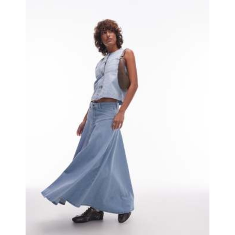Topshop denim yoke front maxi skirt in bleach