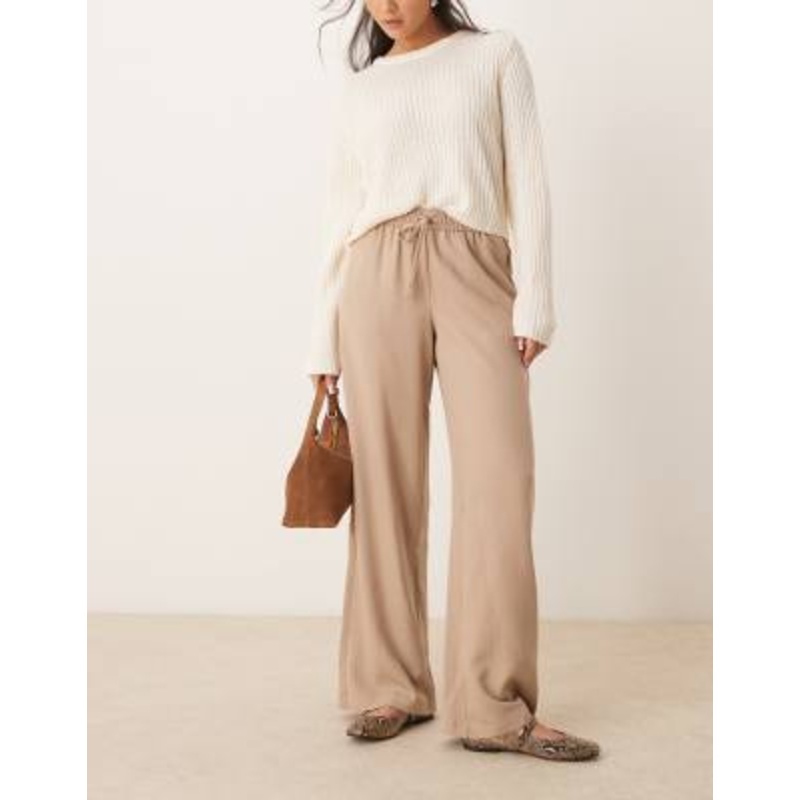 VILA wide leg tie waist pants in tan and white pinstripe
