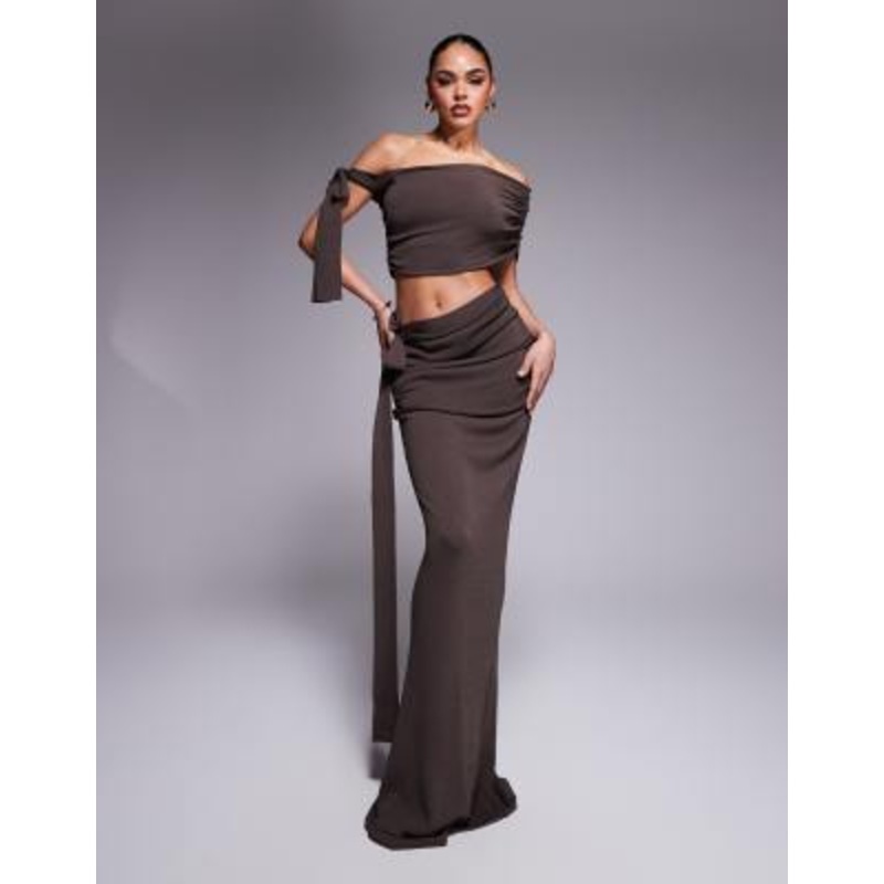 Wanderdoll Lois knitted off shoulder tie detail and v front maxi skirt set in chocolate