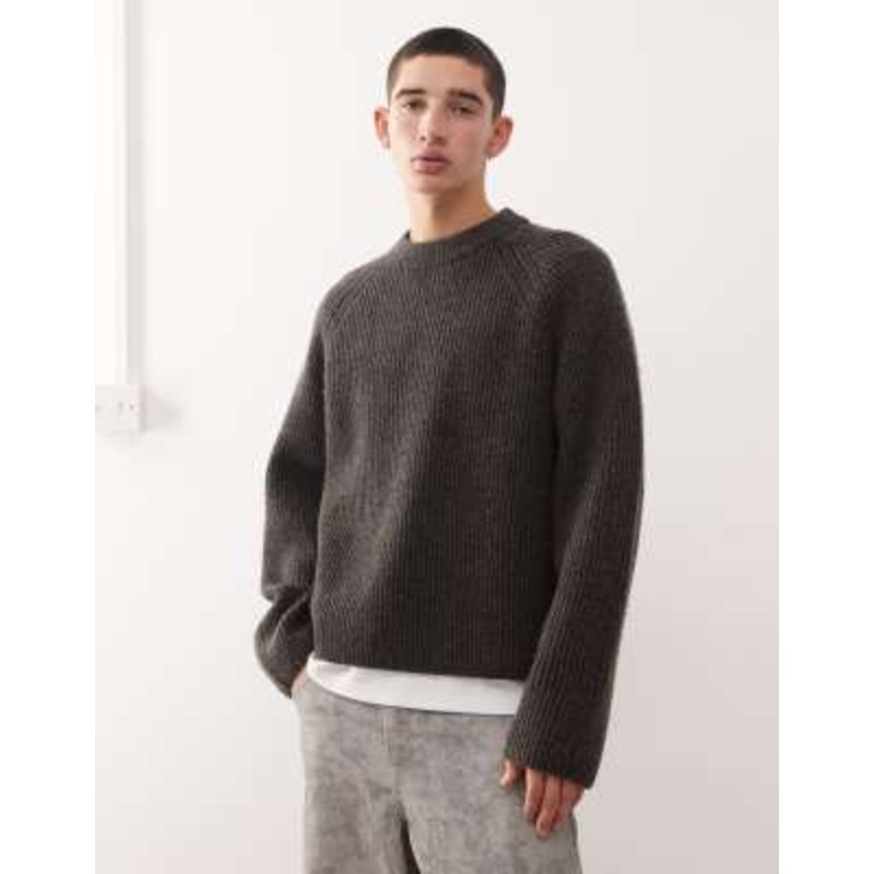 Weekday wool blend two-tone rib raglan sweater in dark mole & black