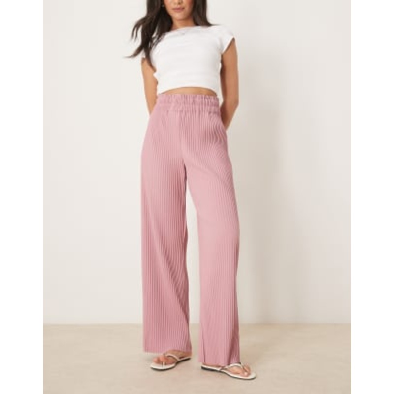 YAS high waisted wide leg plisse pants in lilas pink