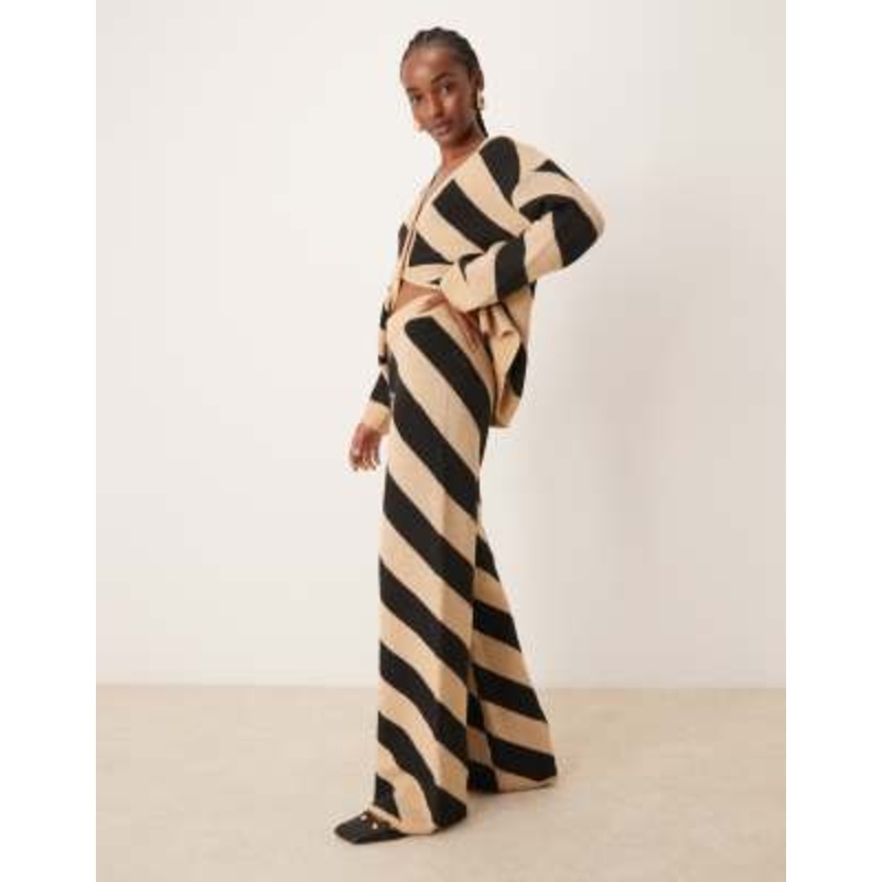 YAS knit wide leg pants in bold camel stripe – part of a set