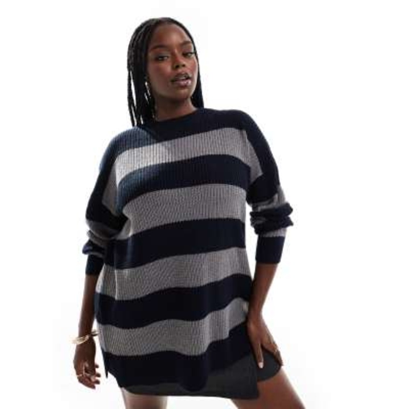 Yours dropped shoulder striped sweater in navy and gray