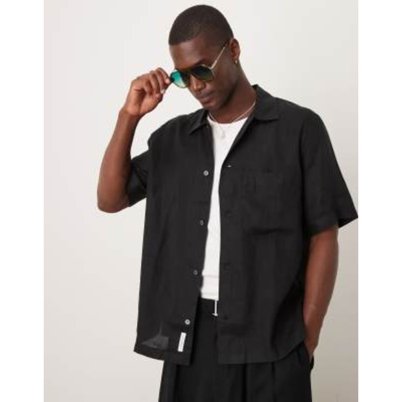 ARKET linen short sleeve shirt with front pocket in black