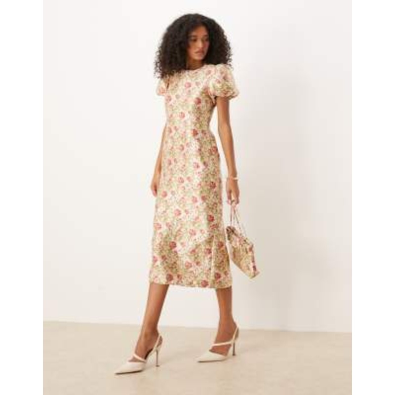 Dream Sister Jane jacquard puff sleeve midi dress in floral print