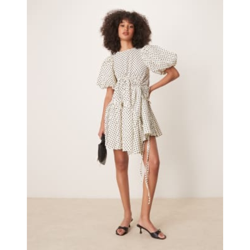 Ghospell ruched asymmetric polka dot mini dress in pearl ivory