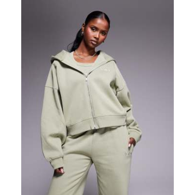Kaiia cotton rich embroidered logo cropped zip through seam detail hoodie in light olive – part of a set