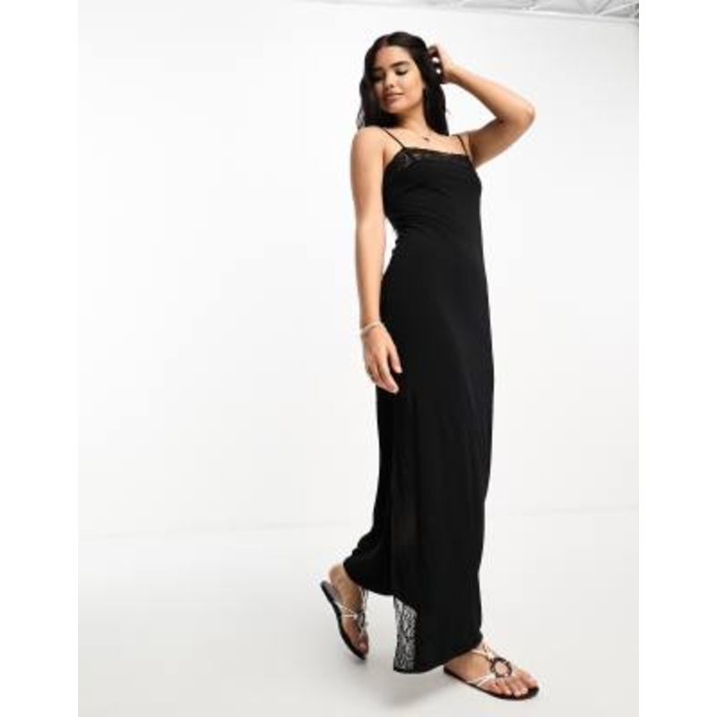 Mango lace trim square neck cami evening dress in black