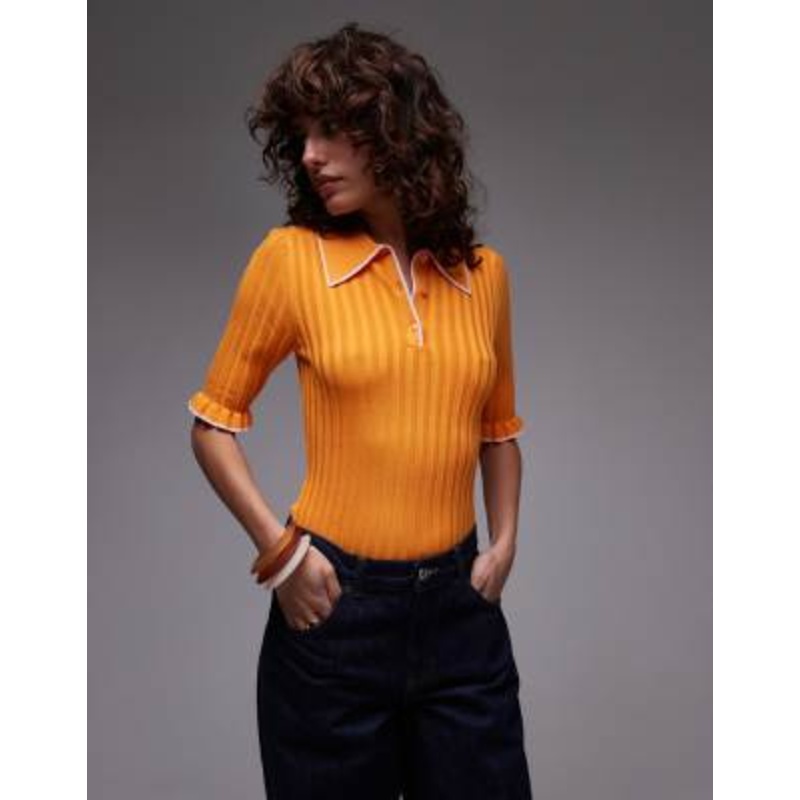 & Other Stories rib knit polo top with short sleeves in orange with contrast frill trim