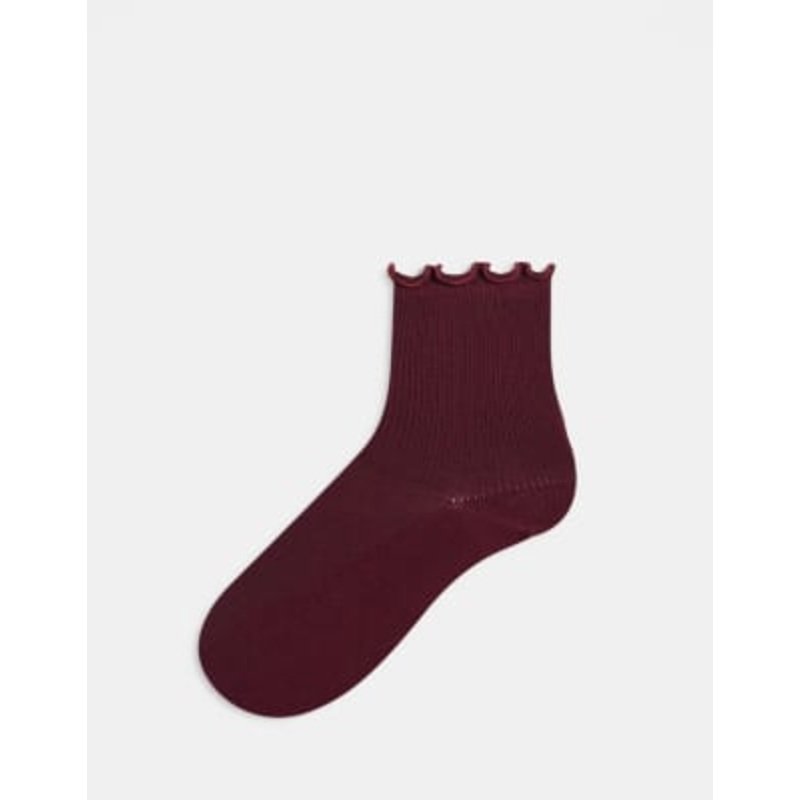 Topshop ribbed socks with frill edge in burgundy