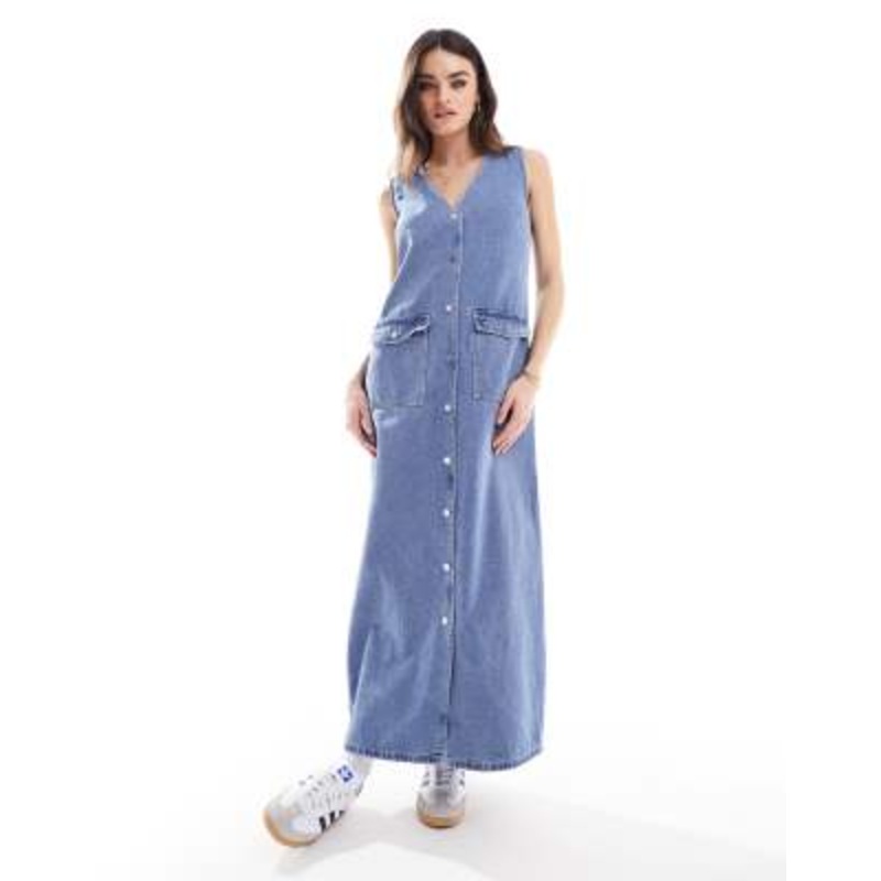 Vero Moda denim sleeveless button through maxi dress in blue