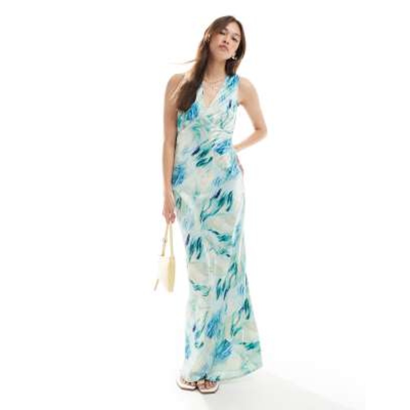 Vero Moda v-neck open back maxi dress in abstract blue print