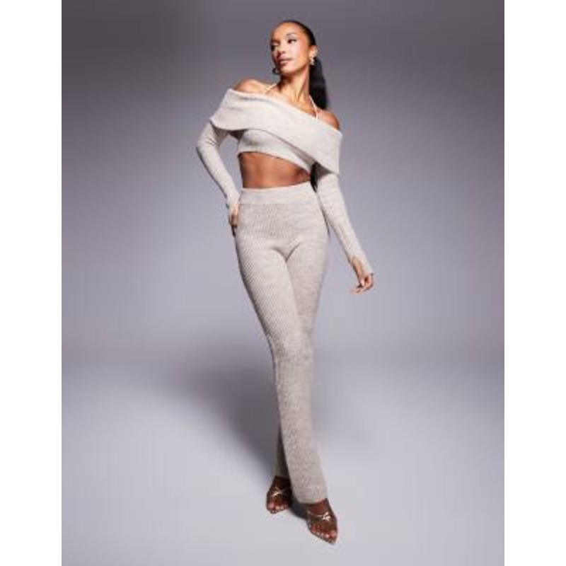 Wanderdoll Carrie knit off the shoulder crop top and pants set in oatmeal