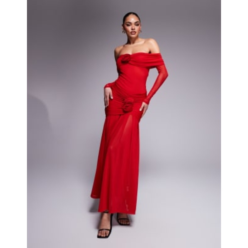 Wanderdoll Vivienne mesh bardot foldover long sleeve maxi dress in red