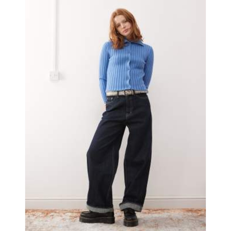 Weekday Jackie chunky rib knit cardigan with high neck in blue