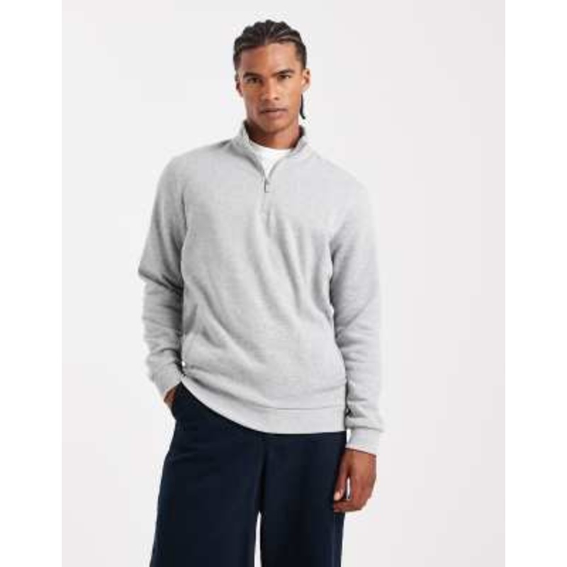 Brave Soul knit quarter zip funnel neck sweater in light gray