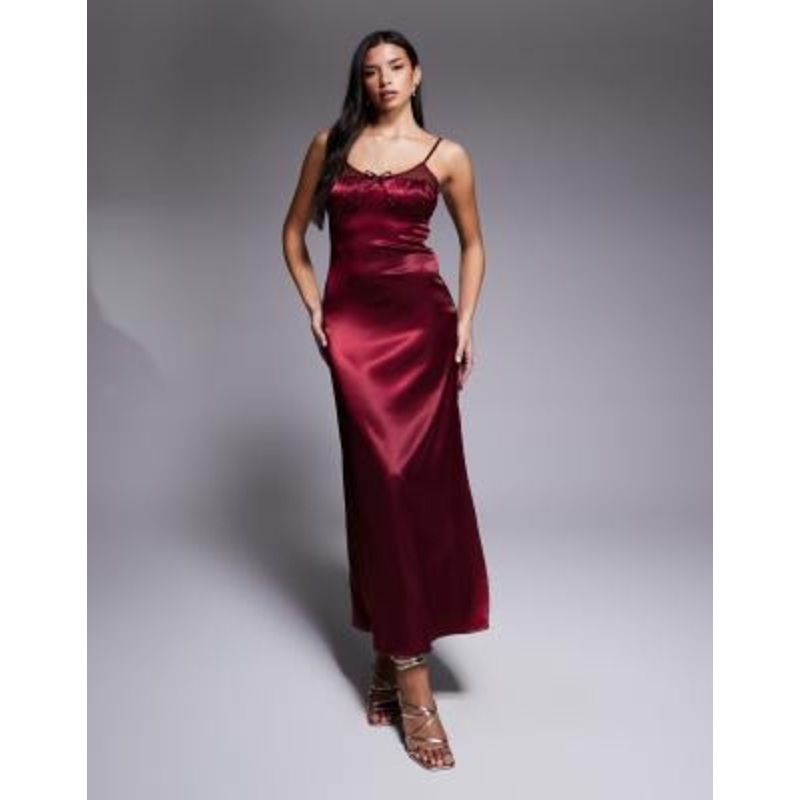 Brave Soul satin strappy maxi dress with lace detailing in burgundy