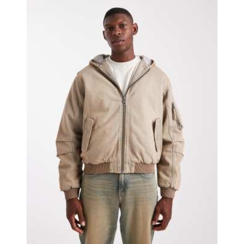 Cotton On denim hooded bomber jacket in washed desert gray