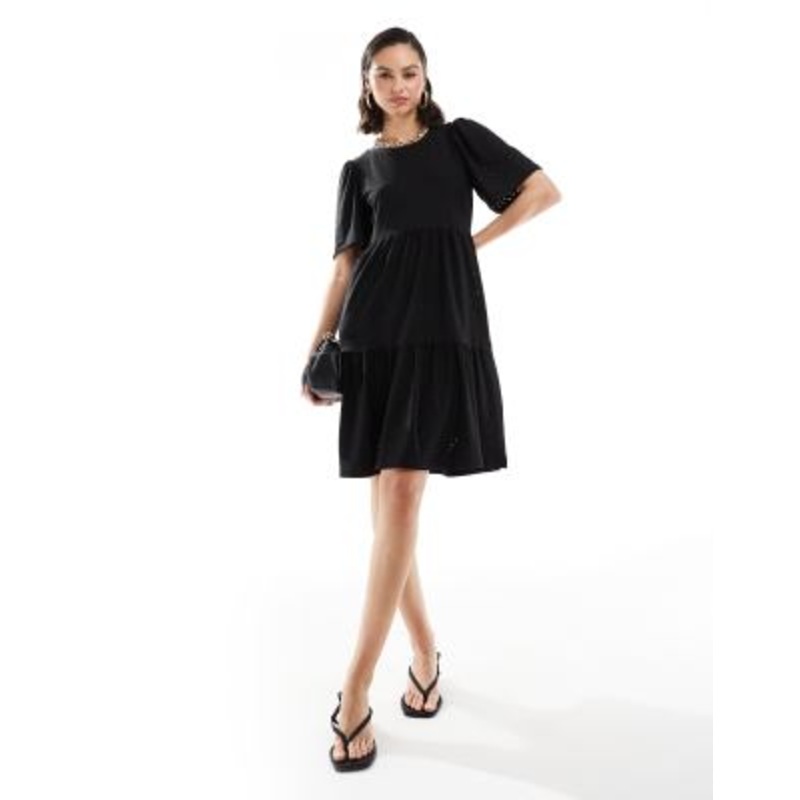 JDY tiered eyelet midi dress in black
