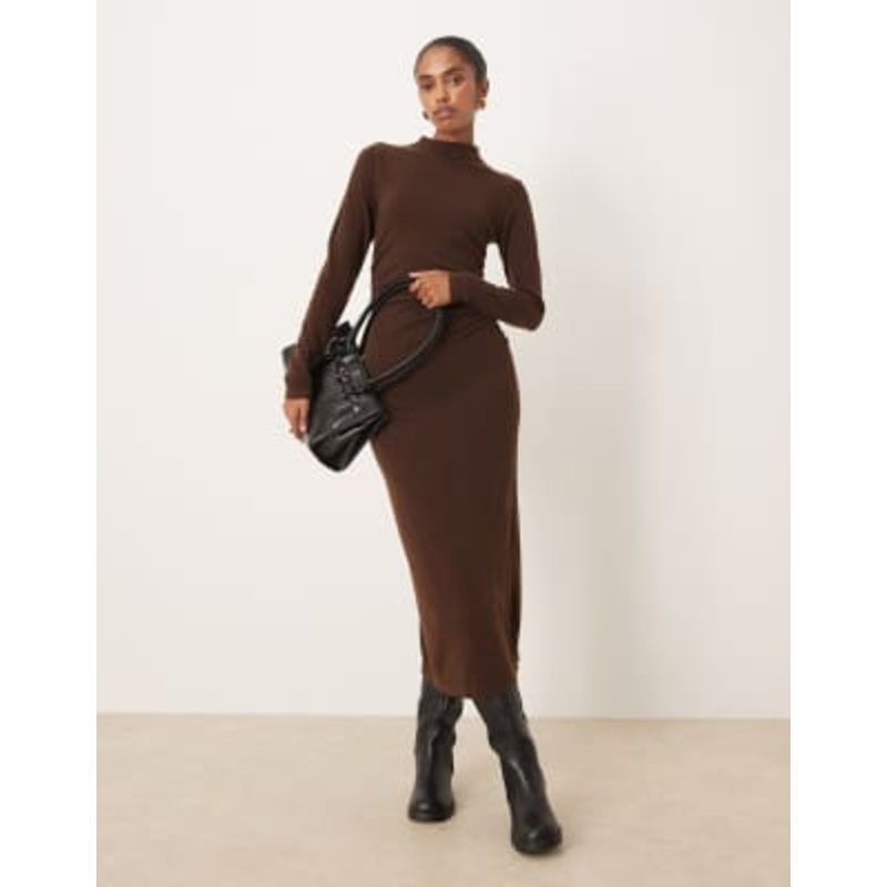 Mango high neck ruched waist maxi dress in brown