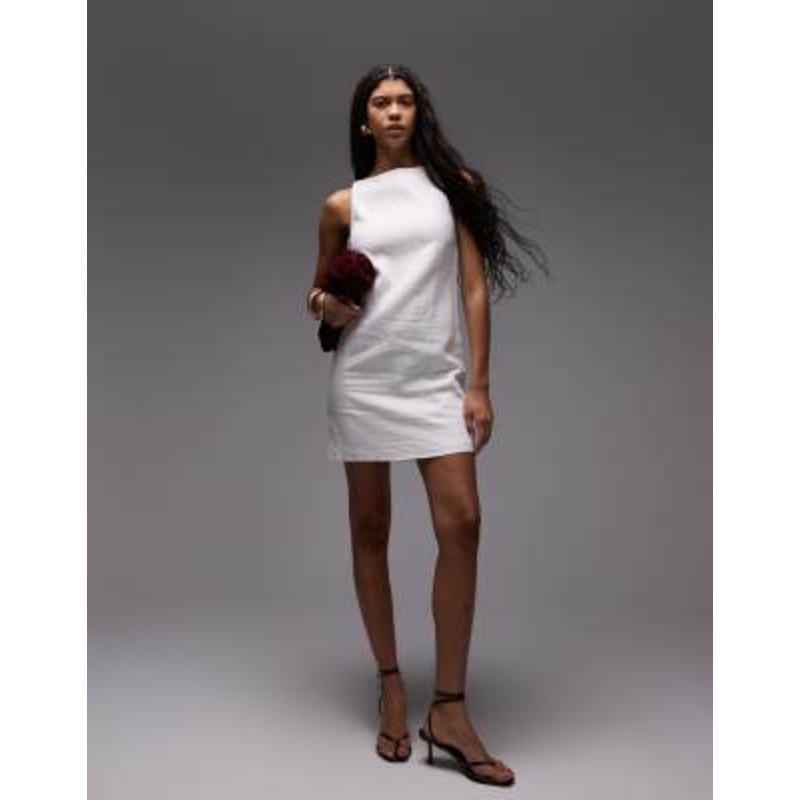 & Other Stories linen mini dress with boat neck in white