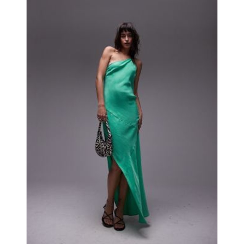 Topshop premium one shoulder cut away hem midi dress in green
