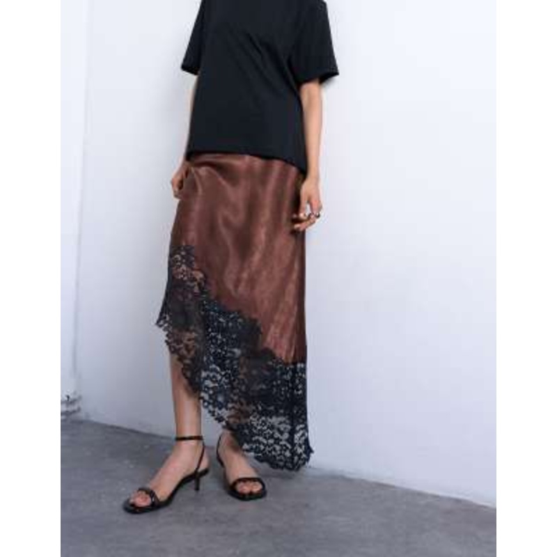 Topshop satin asymmetric lace hem maxi skirt in chocolate